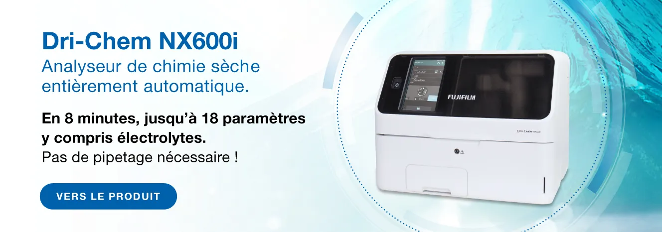 Analyseur de chimie sèche entièrement automatique. Dri-Chem NX600i. Le meilleur appareil pour le laboratoire du cabinet médical : Encore plus vite. Encore plus efficace. Encore plus précis. Vers Le produit.
