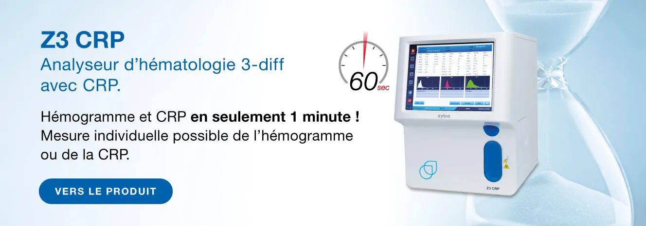 Un réel gain de temps ! Z3 CRP. Hémogramme et CRP en seulement 1 minute ! Mesure individuelle possible de l'hemogramme ou de la CRP. Vers le produit.